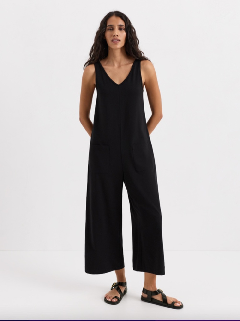 Pact Organic Cool Stretch Cropped Jumpsuit, Black, Large Fair Trade Ethical